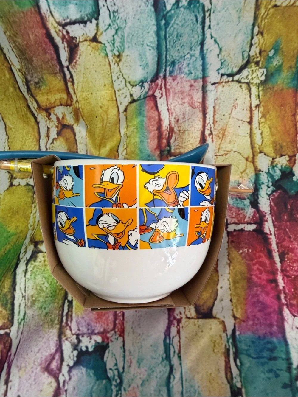 Disney Donald Duck Bowl Set with Blue Spoon and Wood Chopsticks